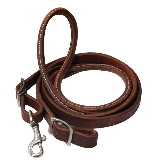 74047 - 7ft heavy oiled harness leather contest rein with rolled center nickel plated snap and conway buckle ends.