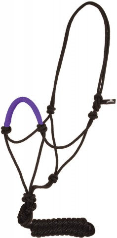 BLACK POLY ROPE HALTER & LEAD WITH SOLID COLOR WRAPPED NOSE