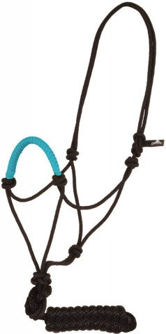 BLACK POLY ROPE HALTER & LEAD WITH SOLID COLOR WRAPPED NOSE