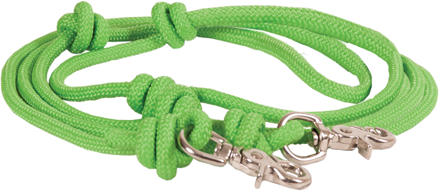 5/16″ X 8′ MOUNTAIN ROPE KNOTTED BARREL REIN W/N.P. SCISSOR SNAPS - LIME GREEN