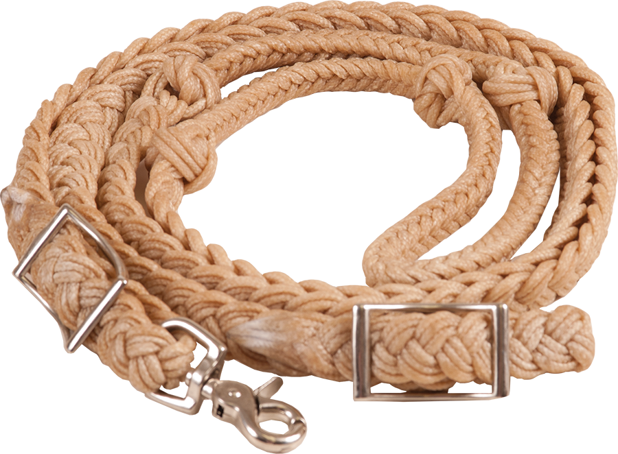 WAXED NYLON KNOTTED BARREL REIN 5/8″ X 8′ WITH N.P. HARDWARE