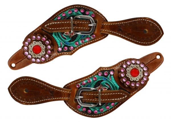 9091-Y - Youth size floral tooled spur straps with metallic paint and pink crystals.