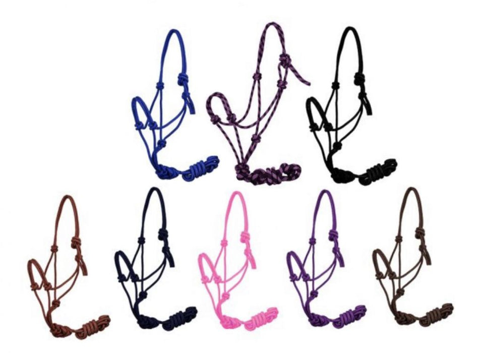 Horse size braided nylon cowboy knot rope halter with 7.5 ft lead.