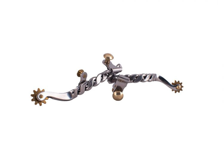 Showman ® YOUTH stainless steel twisted band spurs with brass rowel and buttons