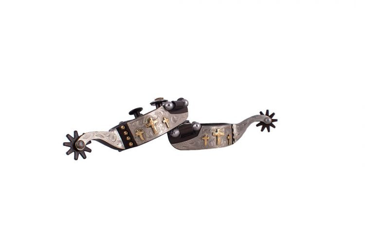 Showman ® Youth size brown steel spur with brass crosses and brass studs with silver engraved overlay.