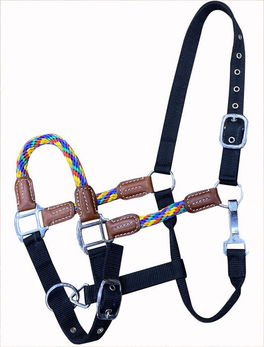 M-138X - Nylon Average Horse halter with rainbow colored Nylon Rope Nose and Cheeks with leather accents.